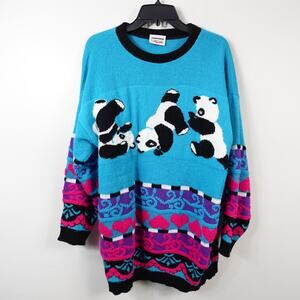 Vintage 80s 90s Panda Heart Turquoise Magenta Pink Purple Sweater